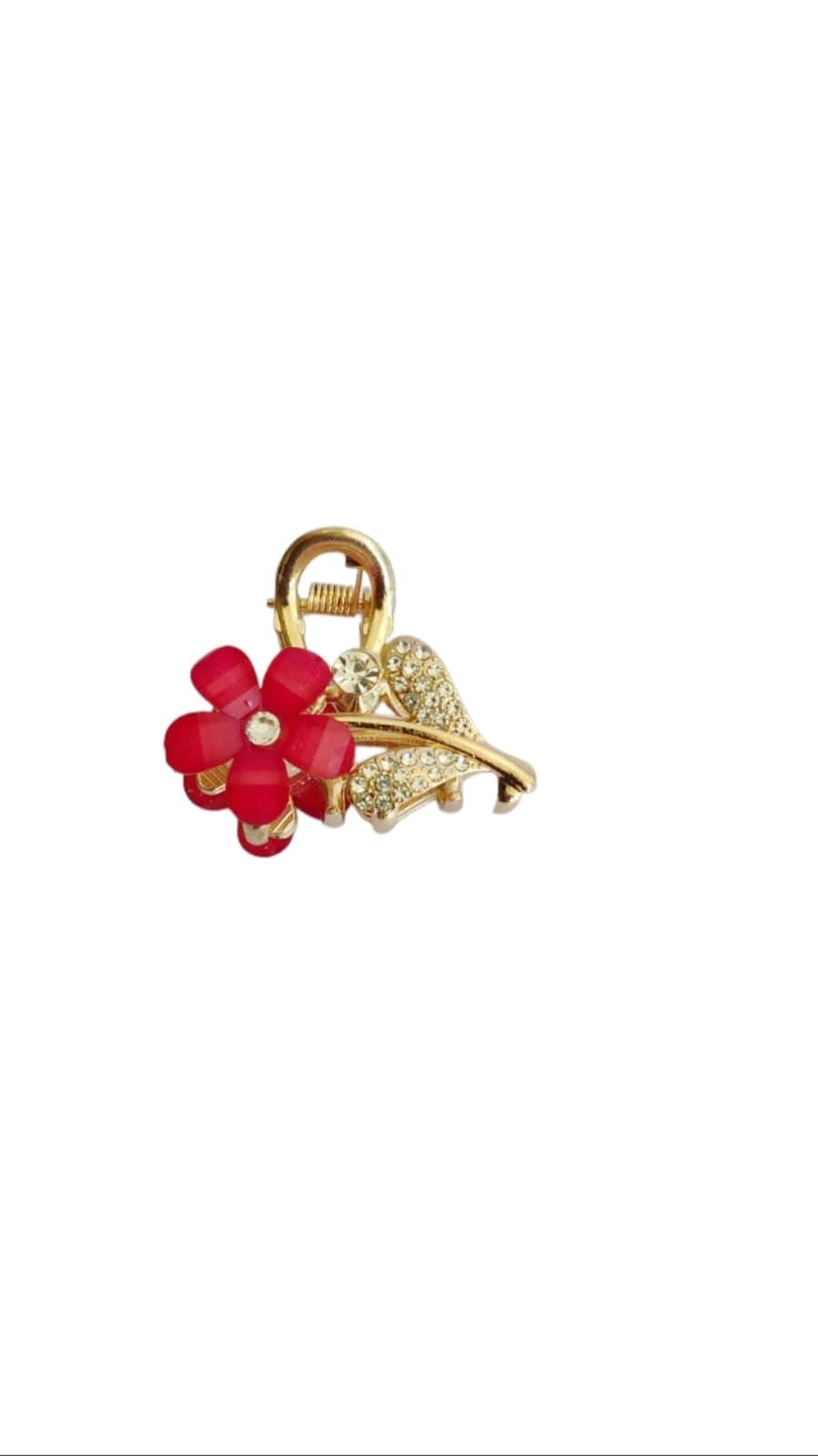 Elegant Red Flower Hair Clip with Crystal Rhinestones, Gold-Plated Metal Leaf Design, Fashion Hair Accessory for Women
