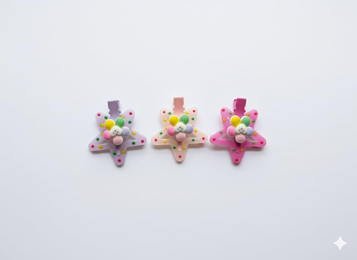 Joyify Cute Star Shaped Hair Clips for Girls, Pastel Colors with Polka Dots and Beads Design, Decorative Hair Accessories, 3 Pack
