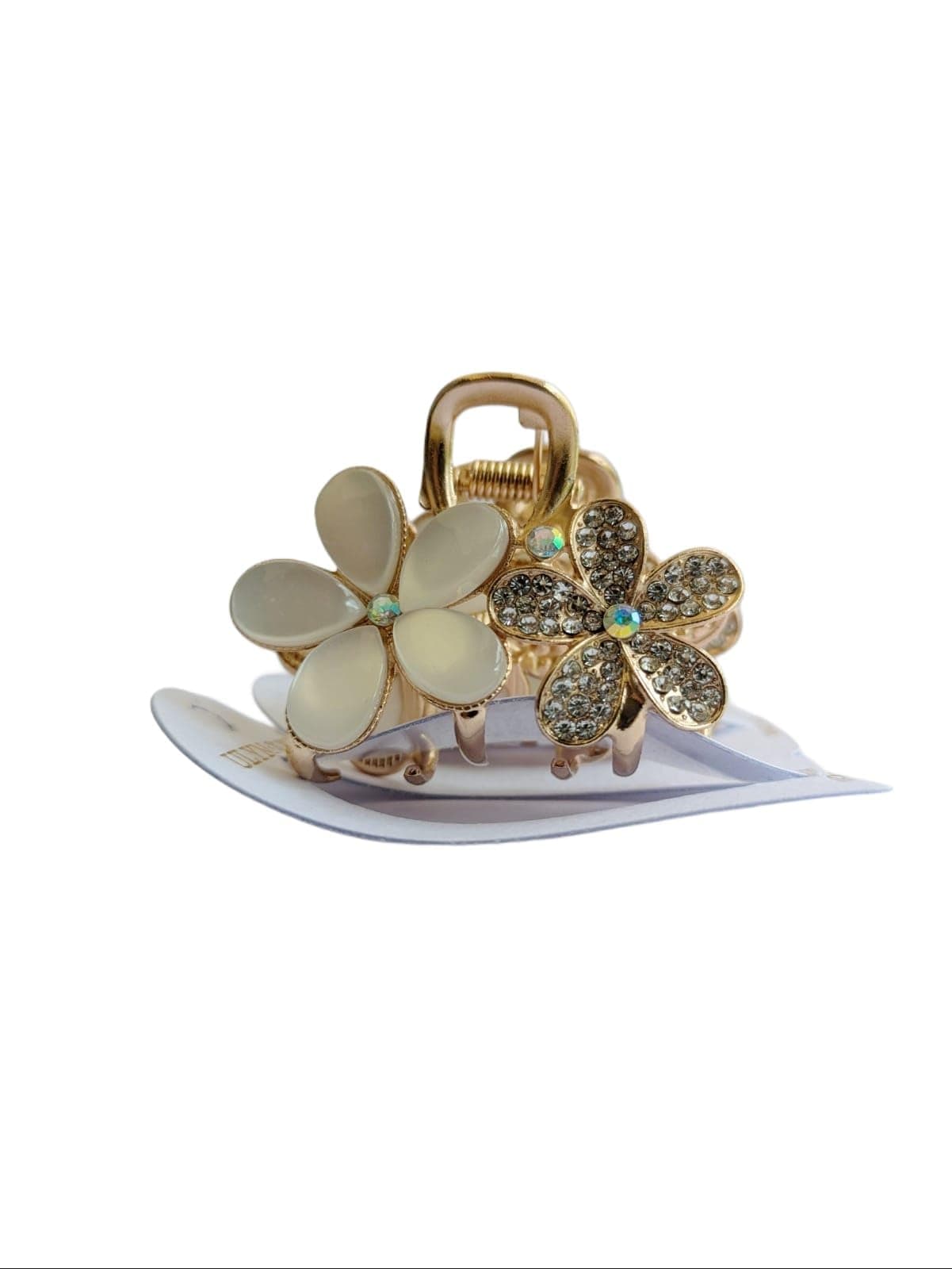 Elegant Floral Hair Clip with Crystal Rhinestones, Gold-Tone Metal, Double Flower Design, Pearl White Enamel Finish, Fashion Hair Accessory for Women