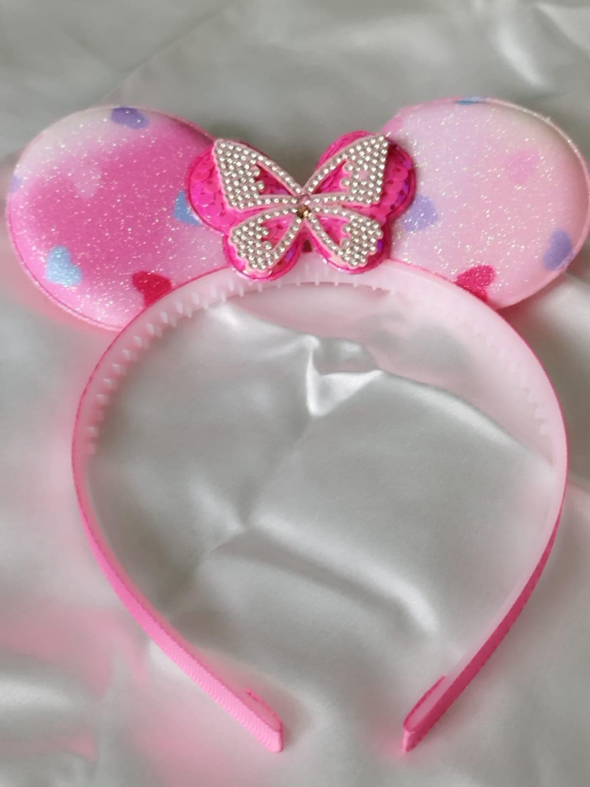 Mouse Ears Headband Pink Glitter with Butterfly Sequin Accent