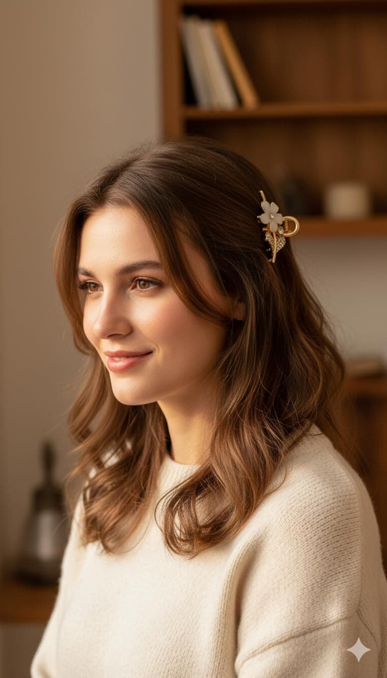 Elegant Floral Hair Clip, Gold-Plated Metal with Crystal Rhinestones and White Flower Design, Decorative Spring-Loaded Hair Accessory for Women
