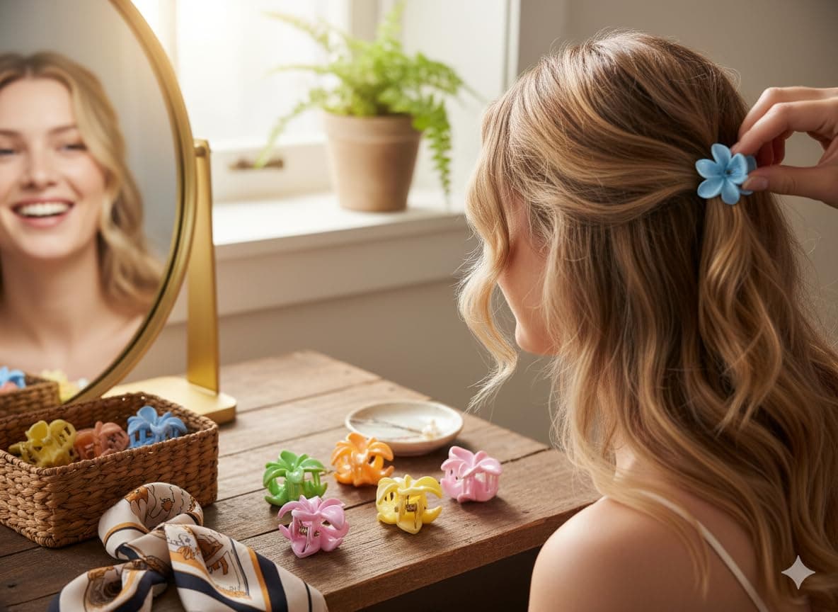 Colorful Floral Hair Clips Set, Mini Plumeria Flower Design Hair Claw Clips in Blue, Purple, Green, Yellow, Orange, Turquoise, Pack of 8