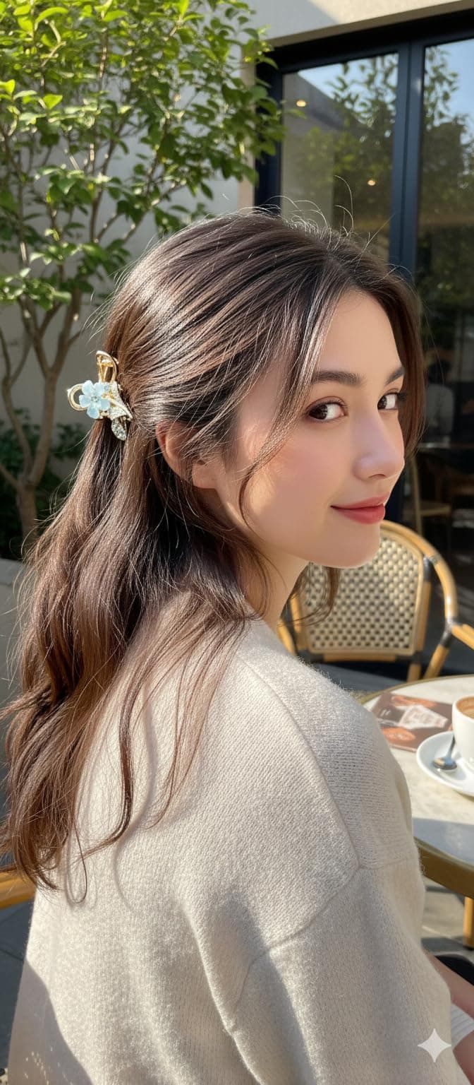 Elegant Floral Hair Clip, Gold-Plated Metal with Light Blue Flower, Crystal Rhinestone Embellished, Spring Loaded Design