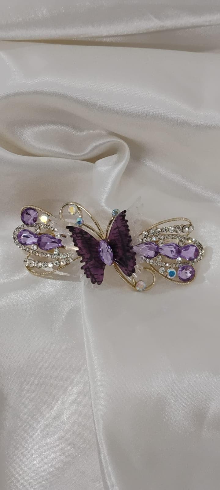Purple Crystal Butterfly Hair Clip with Gold Filigree, Rhinestone Accents, and Decorative Wings